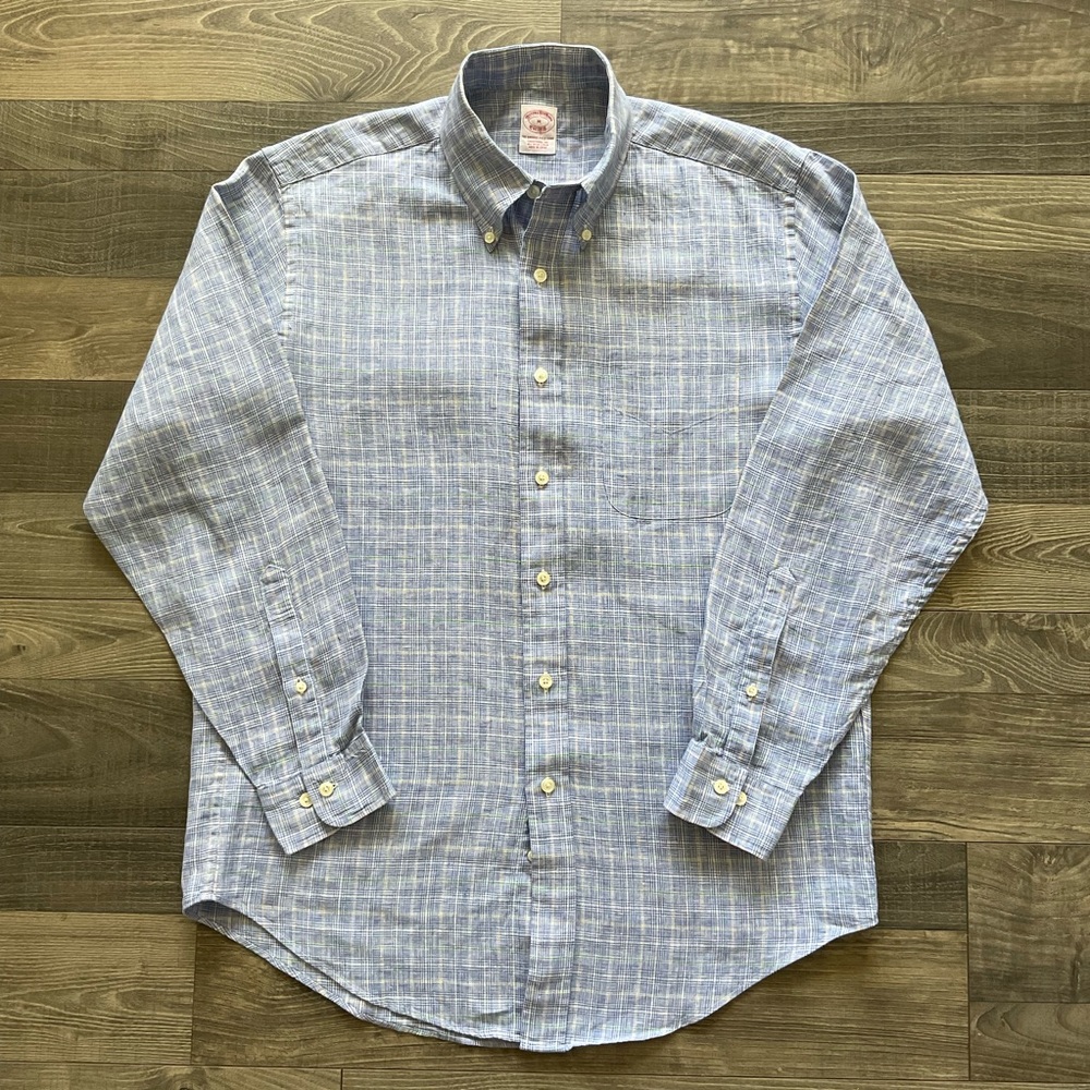 Brooks Brothers Irish Linen Shirt Mens MEDIUM Blue Plaid Button Down Long Sleeve - Picture 1 of 11